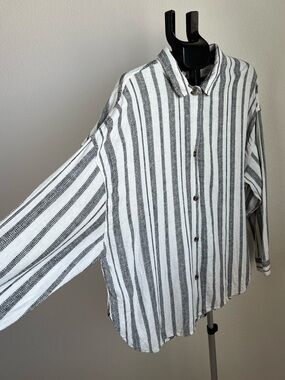 Roxy Linen Blend Oversized Striped Button Up Shirt XL Coastal Beachy Boho